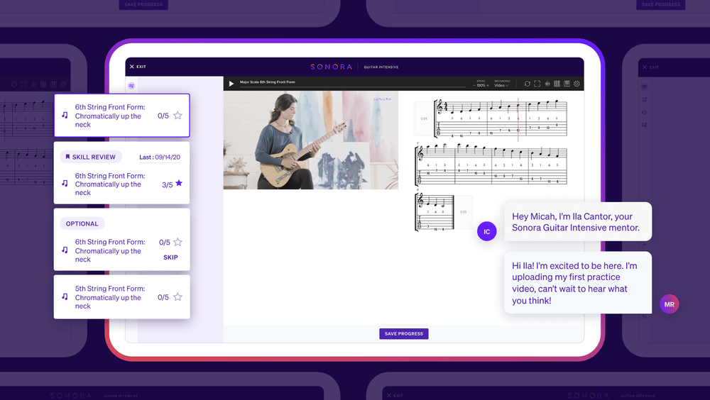 Collage of Sonora app screens showing message from a mentor, skill review assignments, a video, and music scales