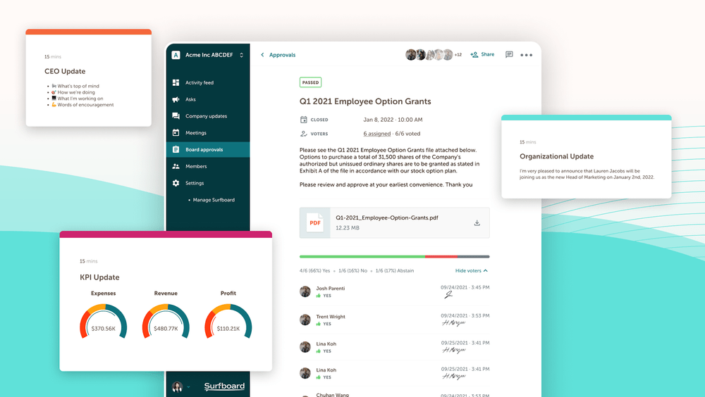 A series of floating screens depicting various types of content you can create with Surfboard. This includes KPI dashboards and board votes.